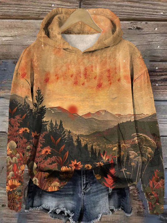 Women's Autumn Sunset Forest Vintage Print Casual Long Sleeve Top