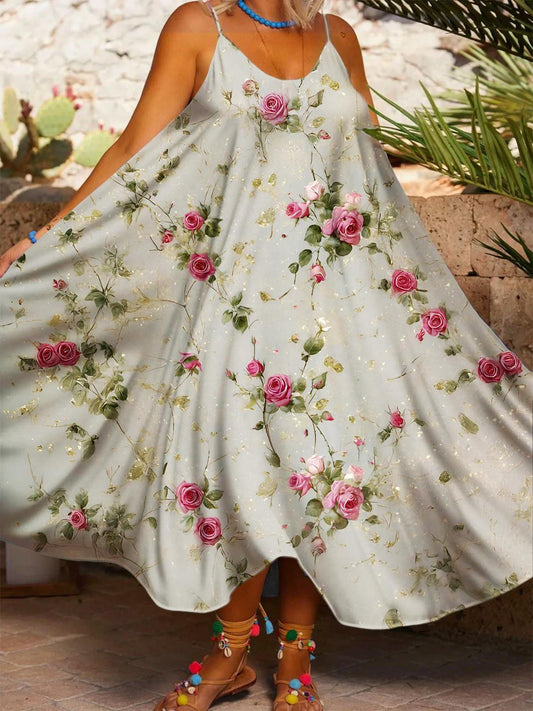 Women's Vintage Roses Printed Casual Spaghetti Strap Dress