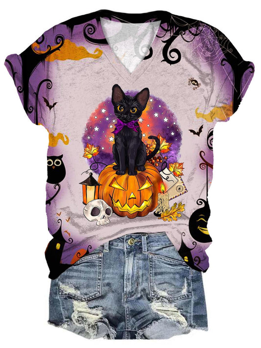 Halloween Cat Print Short Sleeve Top