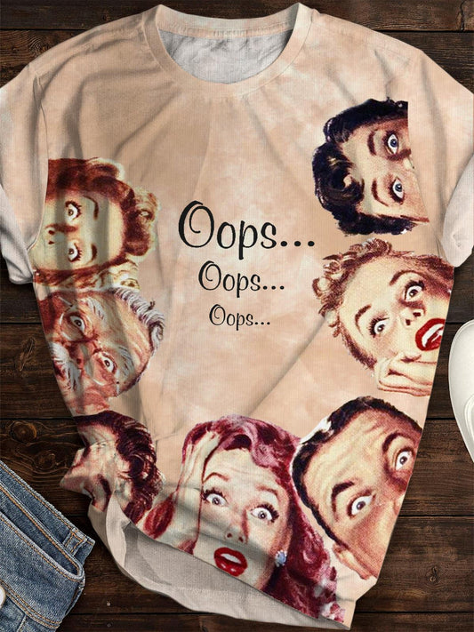 Women's Oops Funny Retro Print Crew Neck T-shirt