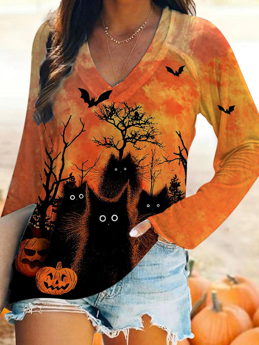 Black Cat Print V-Neck Long Sleeve T-Shirt