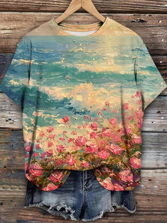 Summer Leisure Vacation Beach Flower Print T-shirt