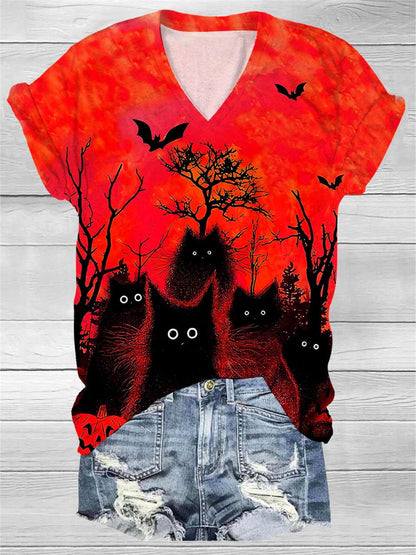 Halloween Black Cat Print V Neck T-Shirt