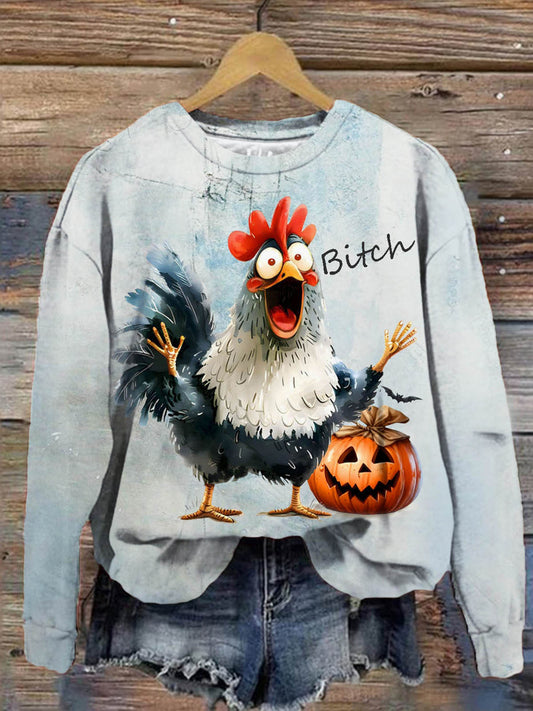 Women's Rooster Funny Distressed Print Long Sleeve Top