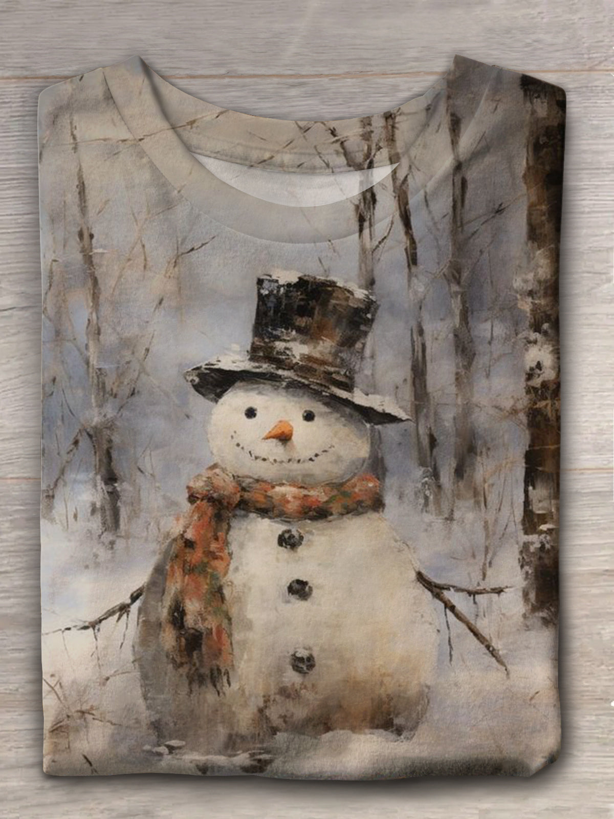 A Snowman In A Snowy Forest With A Hat And Scarf Crew Neck T-shirt