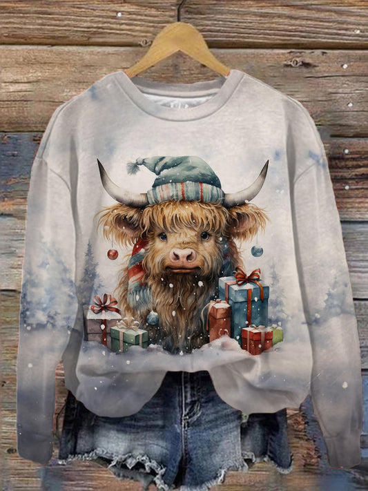 Christmas Cow Printed Long Sleeve Casual Top