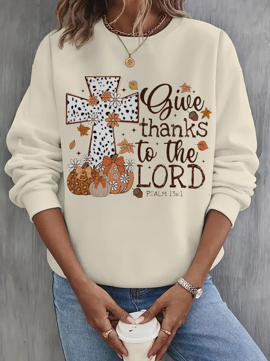 Give Thanks To The Lord Printed Long Sleeve Casual Top