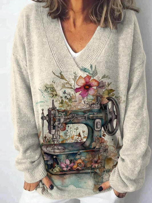 Women's Sewing Machine Floral Print V-neck Casual Sweater