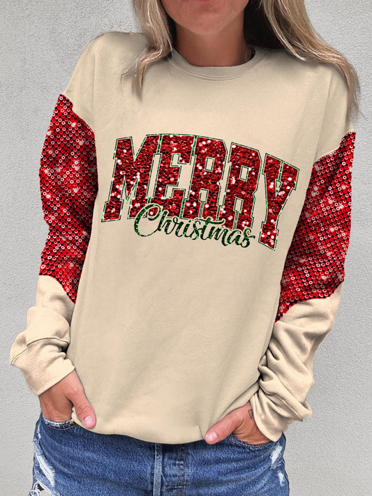 Women's Retro Glitter Christmas Print Round Neck Long Sleeve Top