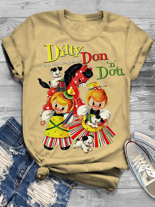 Vintage Dilly Don Childlike Toy Puppy Puppet Print Casual T-shirt