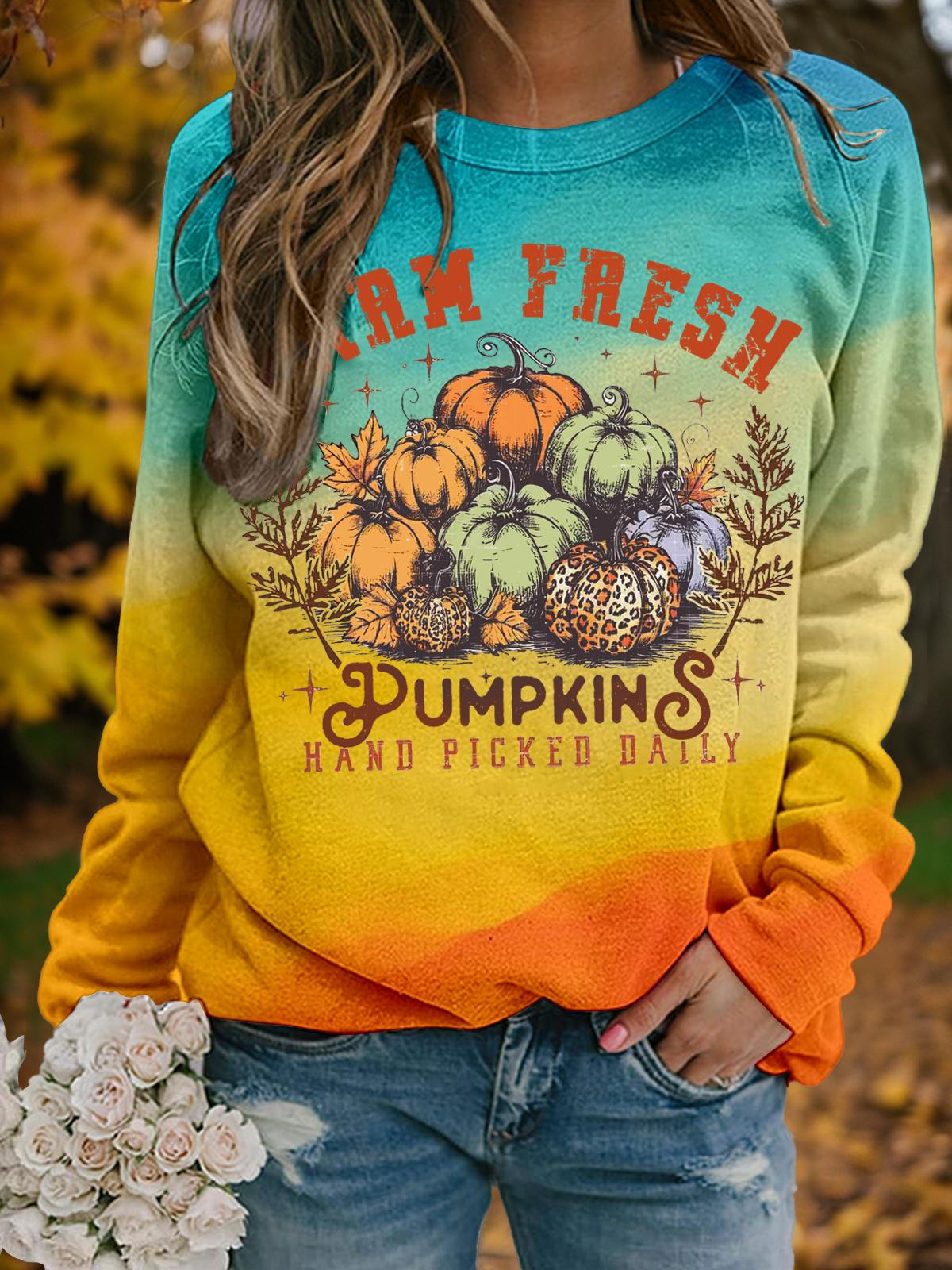 Farm Fresh Pumpkins Long Sleeve Printed Top