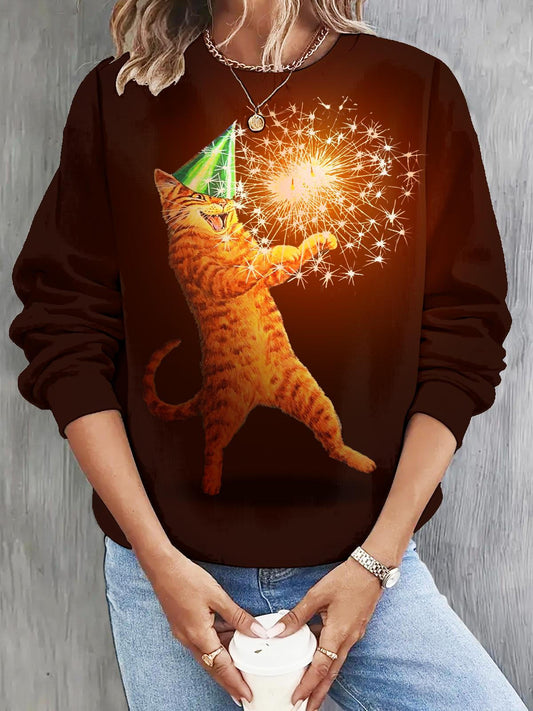 Women's Christmas Fireworks Kitten Long Sleeve Casual Top