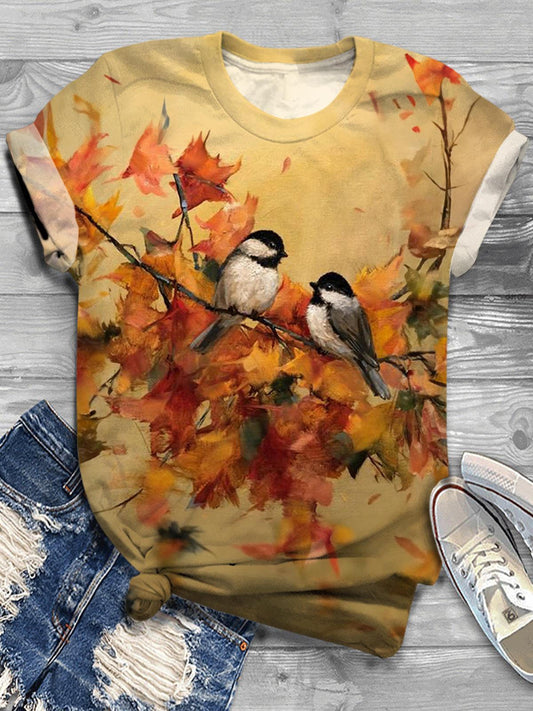 Autumn Vintage Birds Crew Neck T-shirt