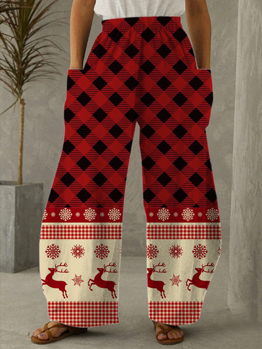 Women's Christmas Deer Plaid Print Casual Pants