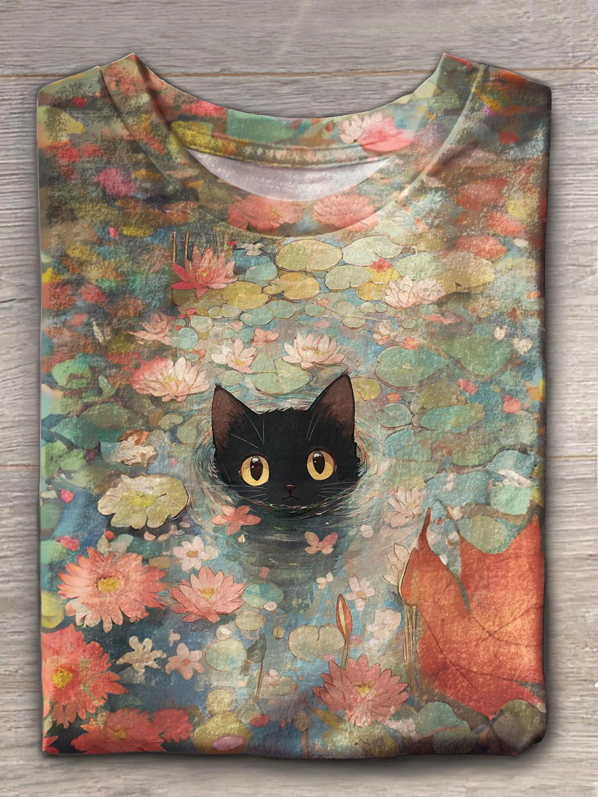 Cute Cat Floral Retro Crew Neck T-shirt