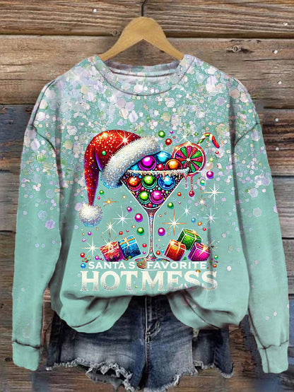 Santas Favorite Hot Mess Faux Sequin Print Long Sleeve Top