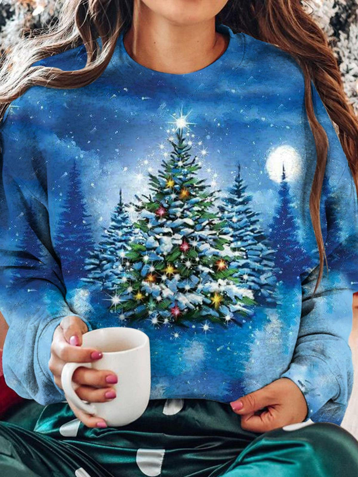 Women's Christmas Tree Night Sky Snow Scene Print Long Sleeve Top