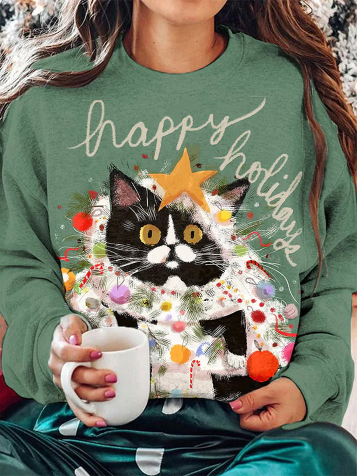 Women's Happy Holiday Christmas Cat Cute Print Casual Long Sleeve Top