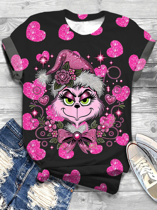 Pink Rhinestone Valentines Crew Neck T-shirt