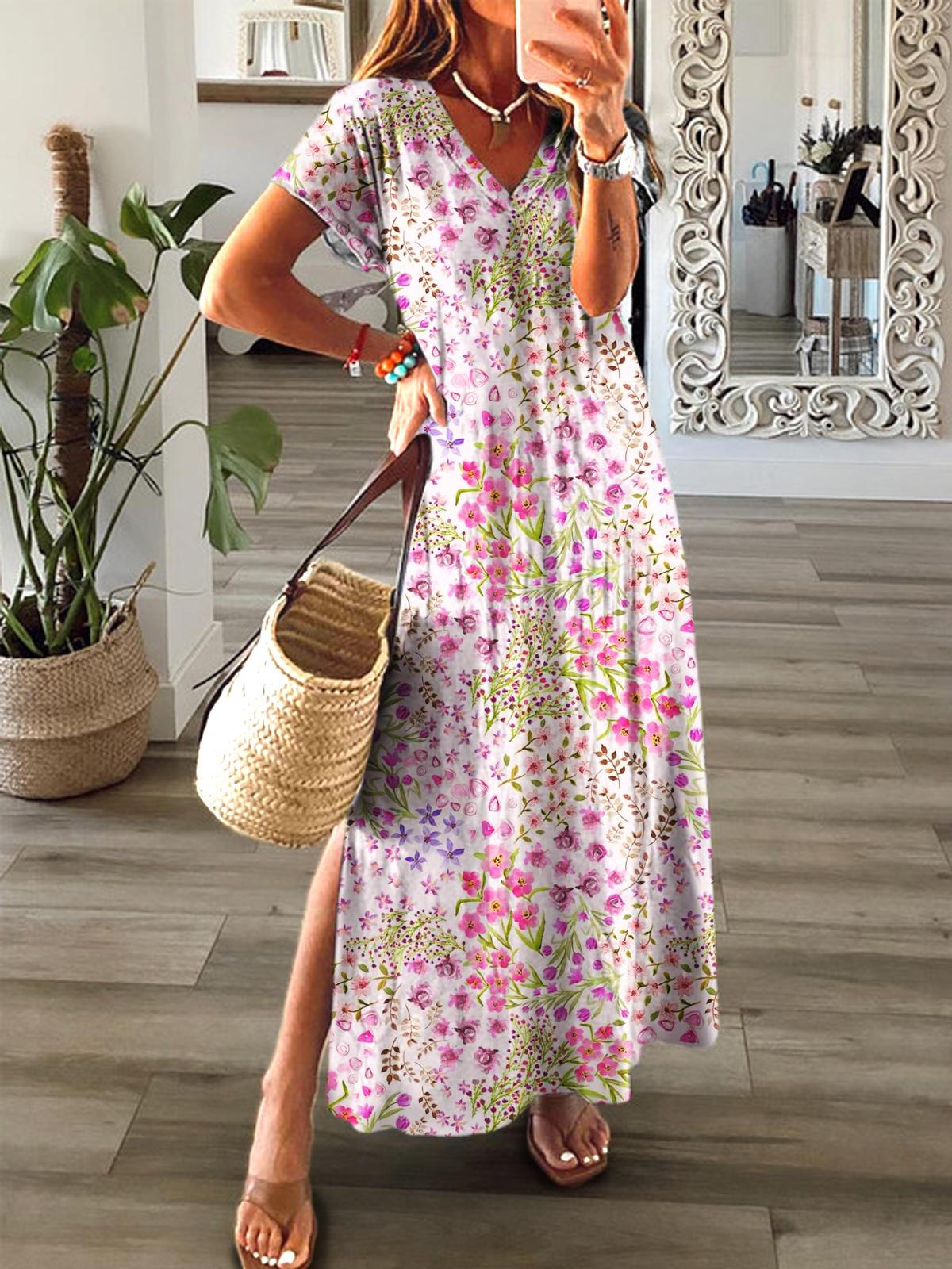 Flower Vacation Print Short Sleeve V Neck Maxi Dress