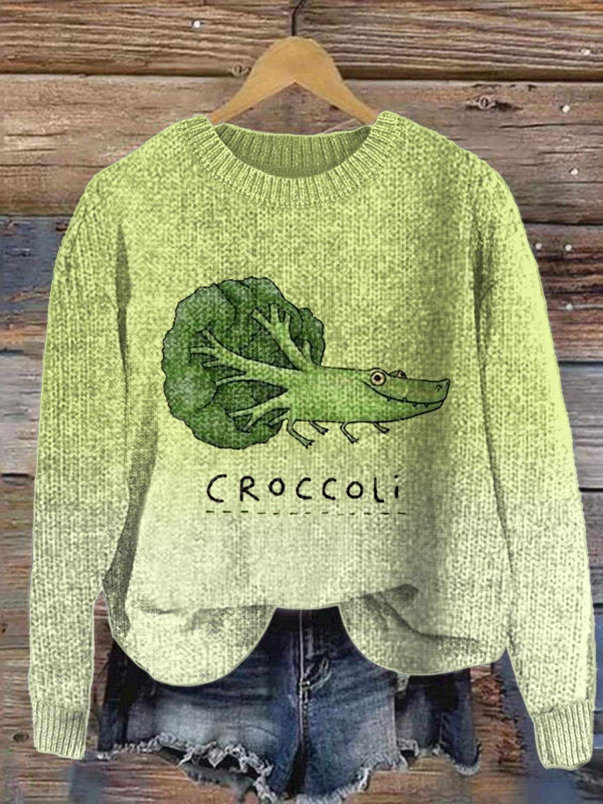 Women's Broccoli Crocodile Print Crew Neck Long Sleeve Sweater