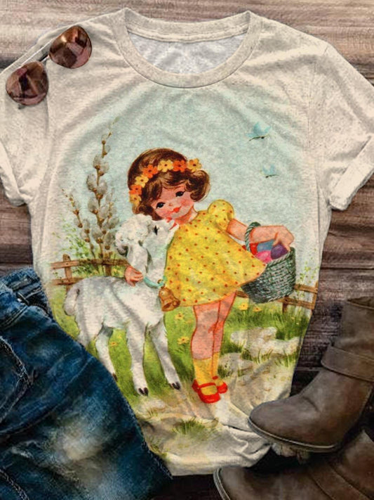 Vintage Little Girl And Her Goat Crew Neck T-shirt