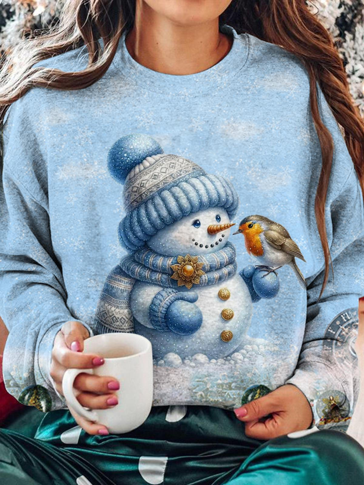 Cute Christmas Snowman Printed Long Sleeve Casual Top