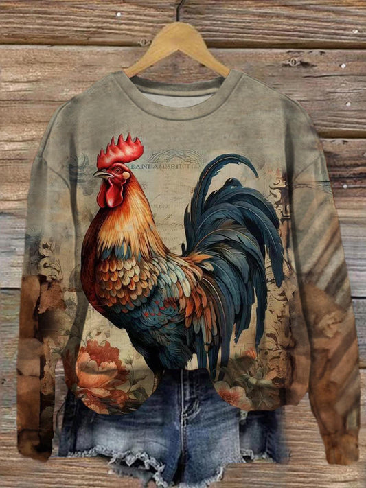 Vintage Chicken Round Neck Long Sleeve Top