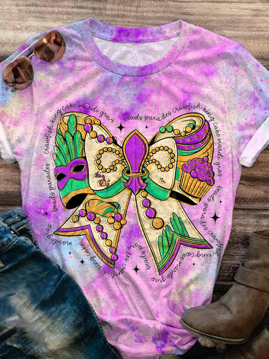 Mardi Gras Fun Bow Illustration Gradient Print casual T-shirt