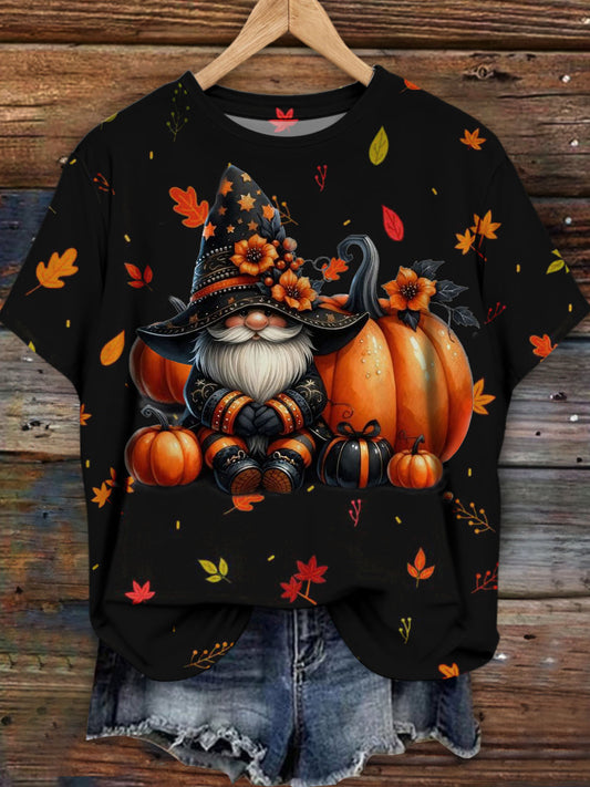 Women's Halloween Gnome Pumpkin Print Short Sleeve T-Shirt