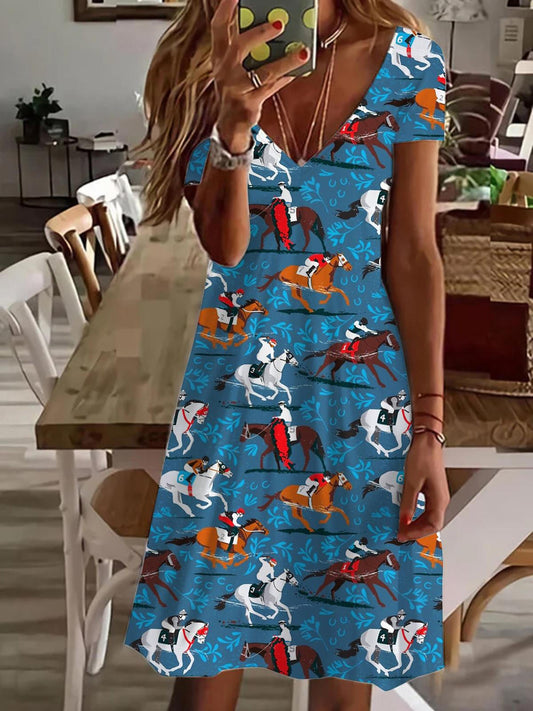 Equestrian Sports V Neck Short Sleeve Dress