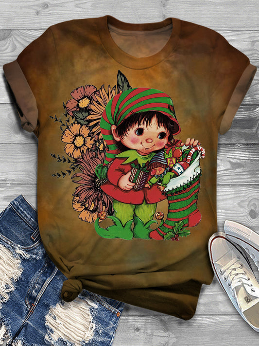 Women's Christmas Gift Vintage Printed Crew Neck T-Shirt