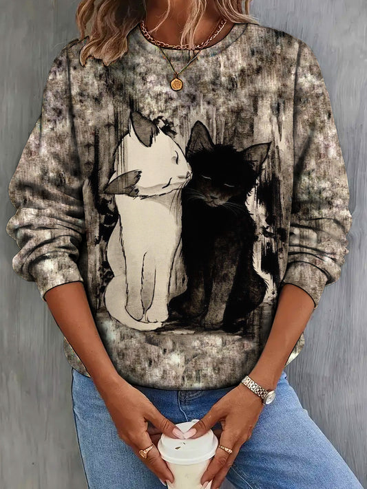 Women's Black And White Cute Cat Ink Print Casual Long Sleeve Top