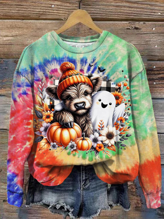 Women's Fall Halloween Pumpkin Cow Elf Tie-Dye Print Long Sleeve Top