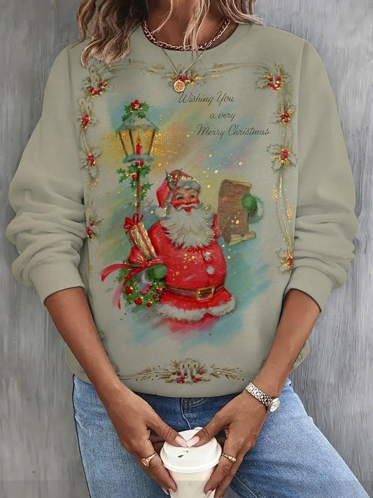 Women's Retro Santa Print Long Sleeve Casual Top