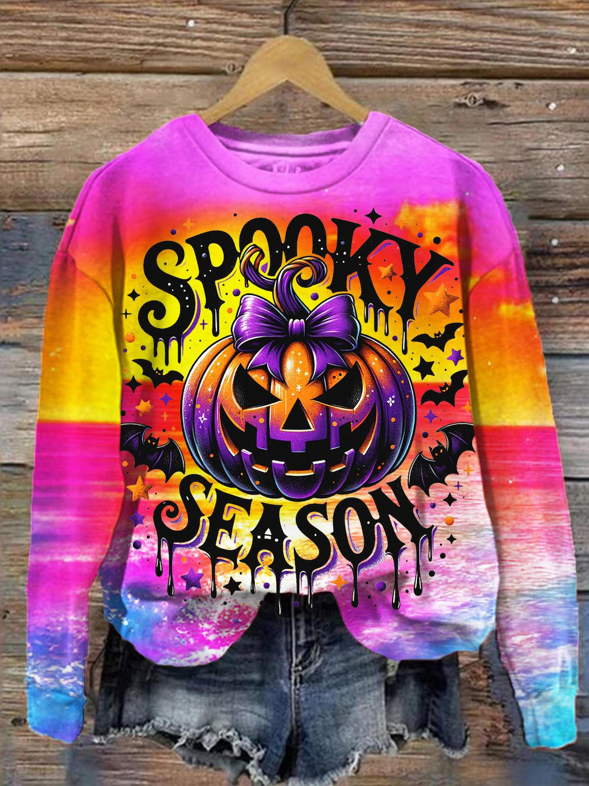 Spooky Season Print Round Neck Long Sleeve Top