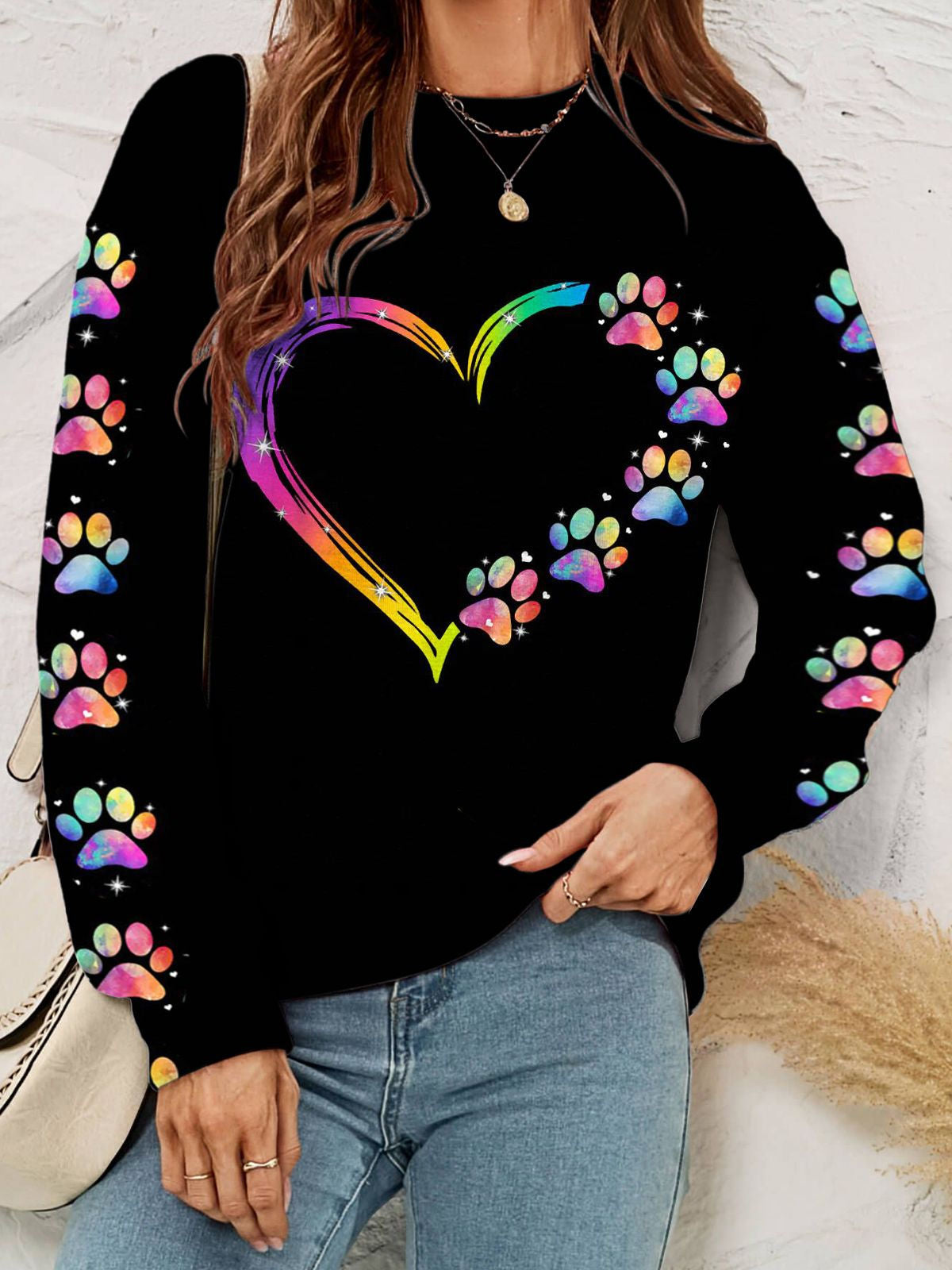 Women's Heart Rainbow Dog Paw Print Round Neck Long Sleeve Top