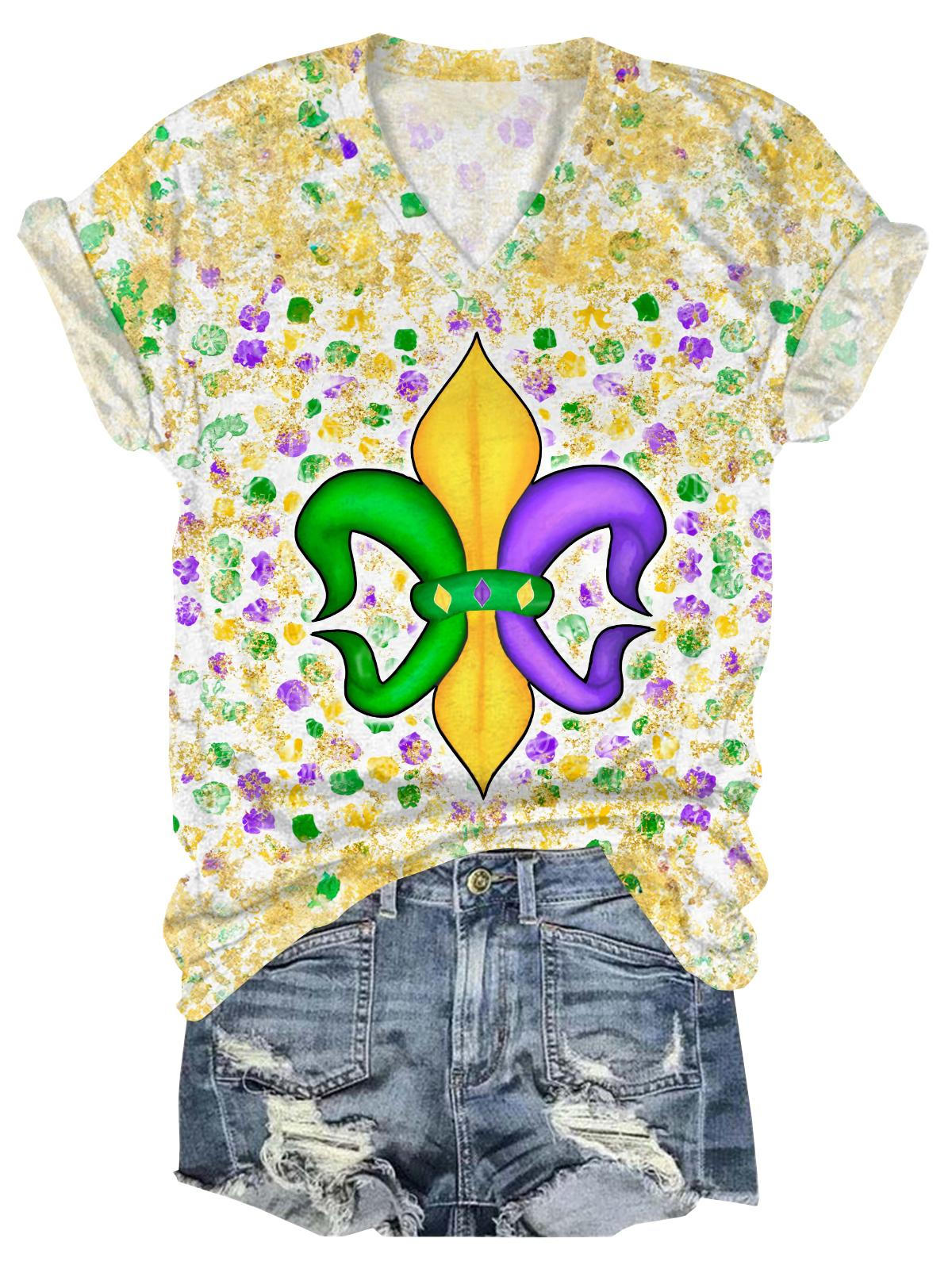 Mardi Gras Leopard Fleur De Lis Print V-Neck Short Sleeve T-Shirt