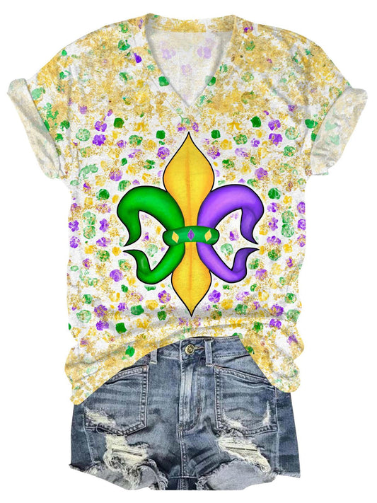 Mardi Gras Leopard Fleur De Lis Print V-Neck Short Sleeve T-Shirt