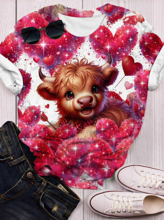 Heart Balloon Baby Highland Cow Crew Neck T-shirt