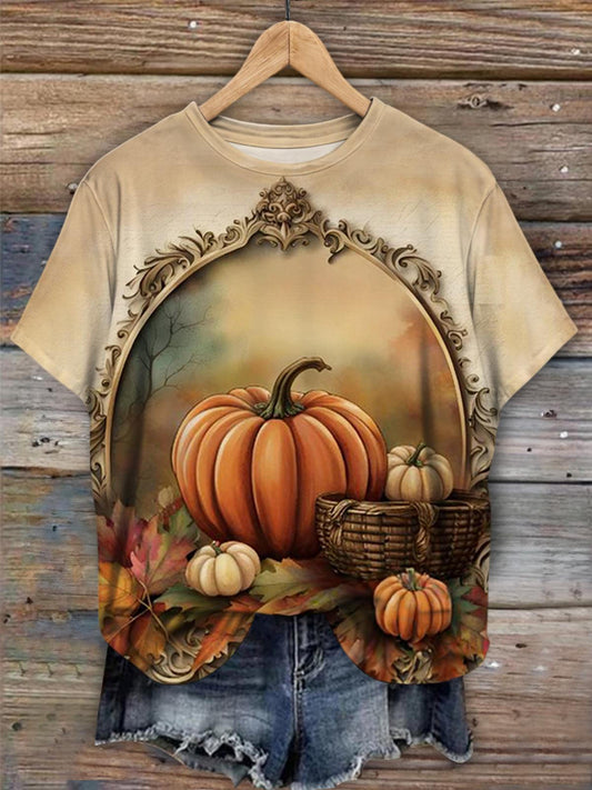 Autumn Pumpkin Print Casual Short Sleeve Top