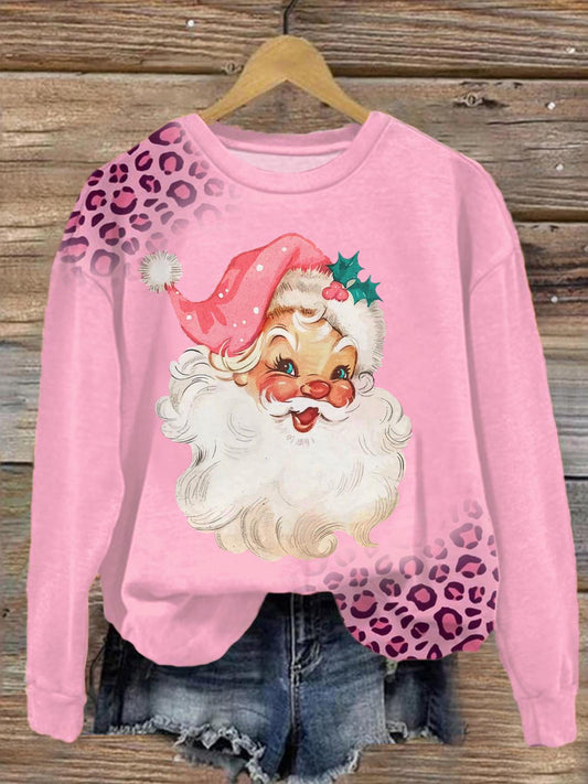 Women's Retro Pink Santa Christmas Round Neck Long Sleeve Top