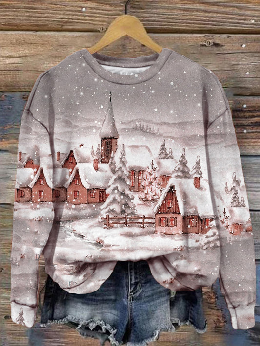 Women's Christmas Snow House Print Casual Long Sleeve Top