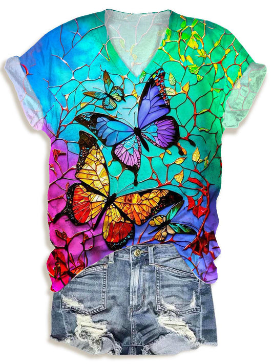 Retro Colorful Butterfly Print V-neck T-Shirt