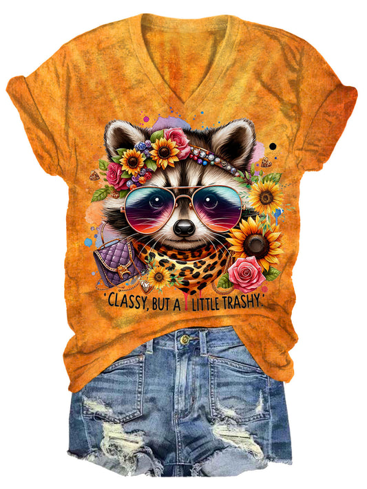 Women's Fall Cute Raccoon Print Short Sleeve T-Shirt