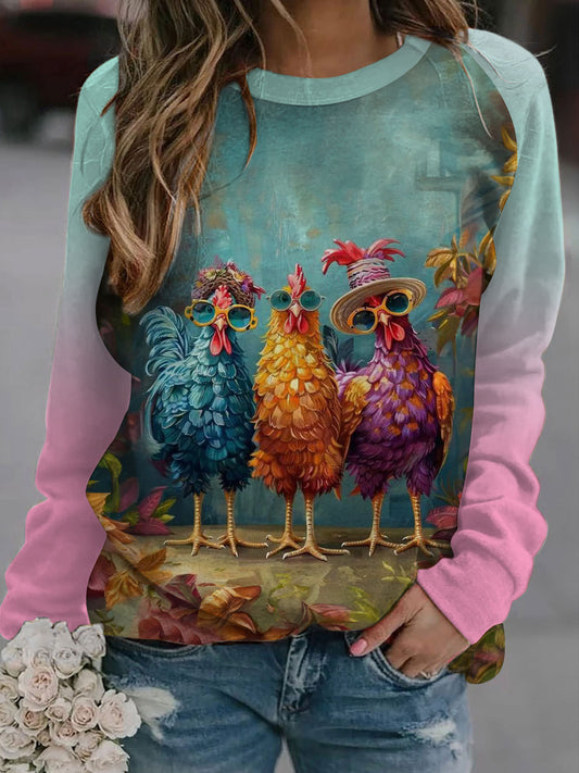 Women's Bestie Chicken Round Neck Long Sleeve Top