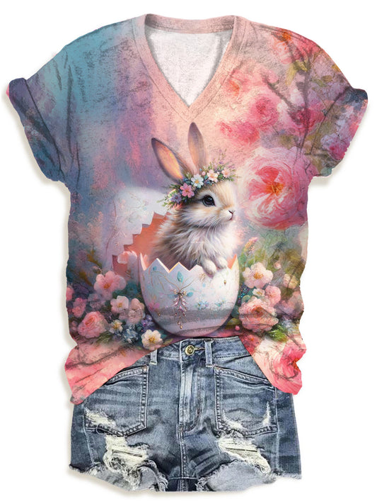 Easter Cute Bunny Pink Flowers V-neck T-Shirt