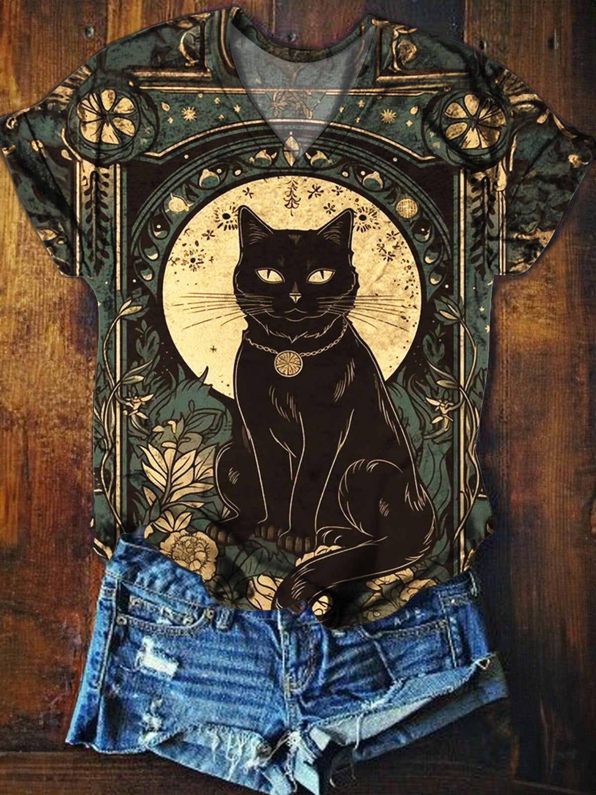 Cat Art Print V-Neck Short Sleeve T-Shirt