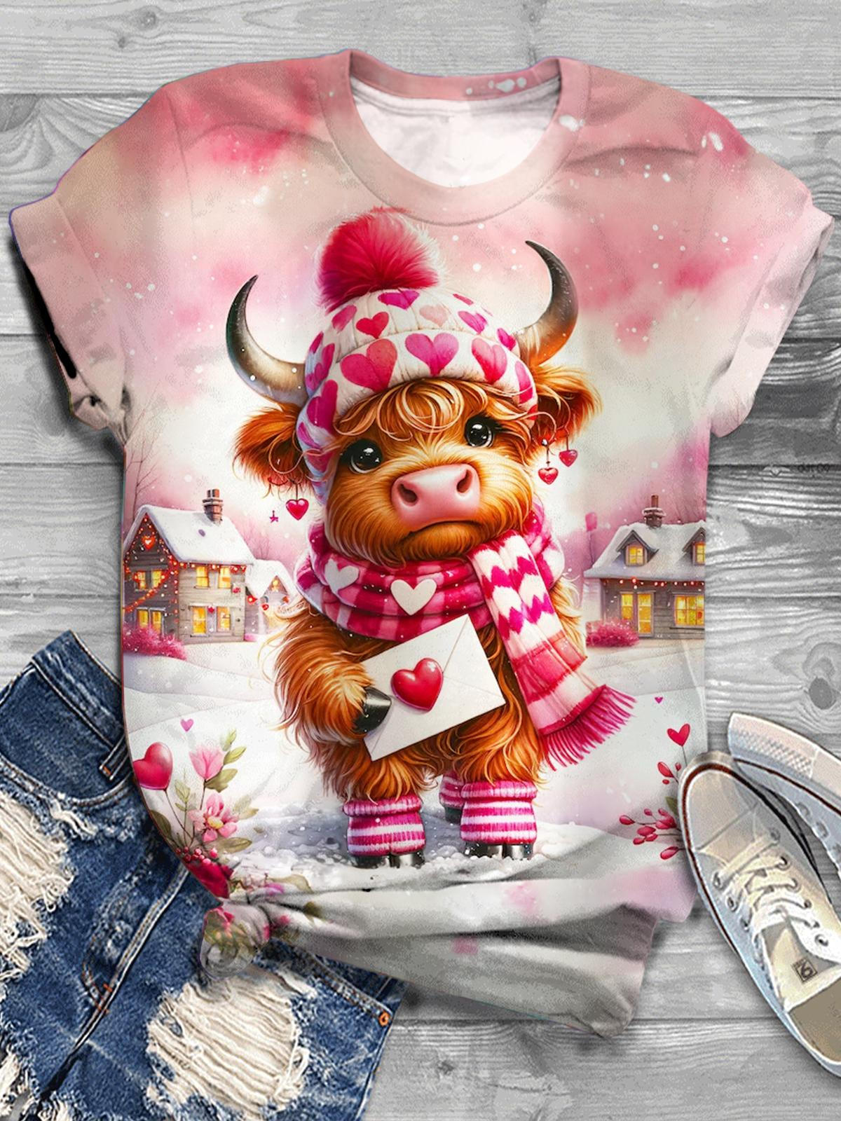 Women's Valentine's Day Highland Cow Print Casual Top