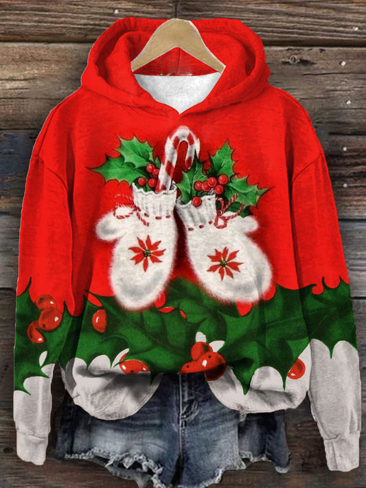 Women's Christmas Gloves Leaf Print Long Sleeve Top